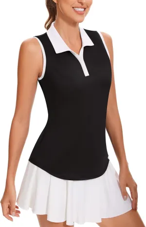 Soneven Women's Sleeveless Golf Shirt Tennis Tank Tops Moisture Wicking V Neck Button Polo Sports Athletic Wear Quick Dry