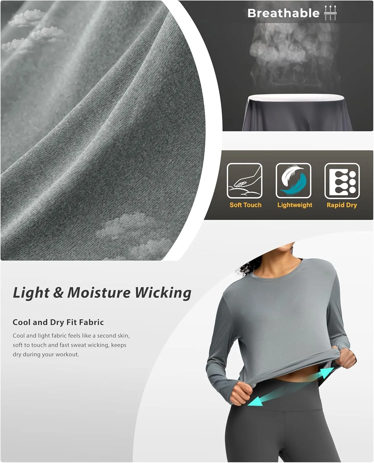 Soothfeel Lightweight Long Sleeve Workout Tops for Women Gym Running Athletic UPF 50  Sun Shirts Tees Moisture Wicking