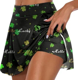 St Patricks Day Tennis Skirt for Women High Waisted Flowy Athletic Running Shorts Irish Shamrock Clover Yoga Skorts