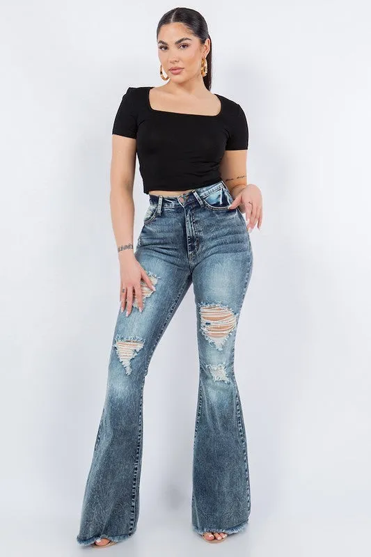 Storm Cloud Thigh Distressed Bell Bottom Jean