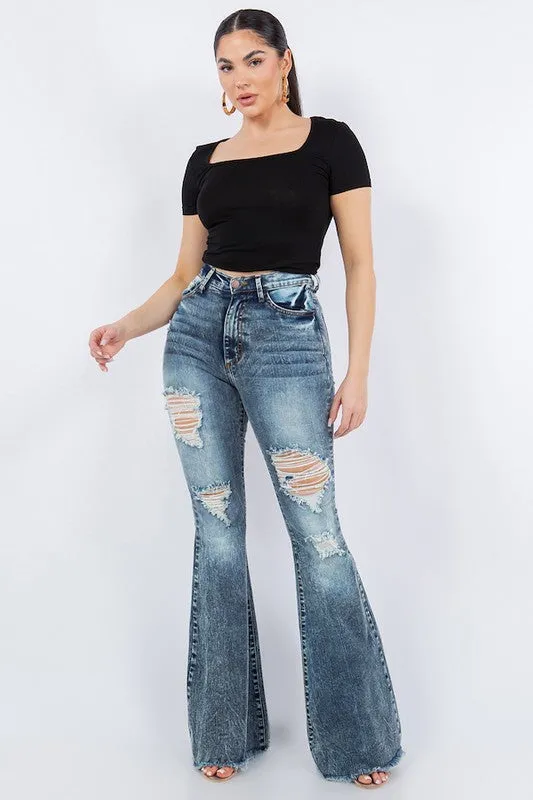 Storm Cloud Thigh Distressed Bell Bottom Jean