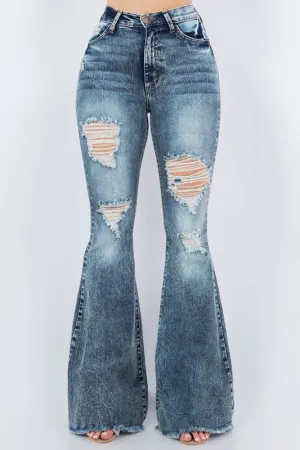 Storm Cloud Thigh Distressed Bell Bottom Jean
