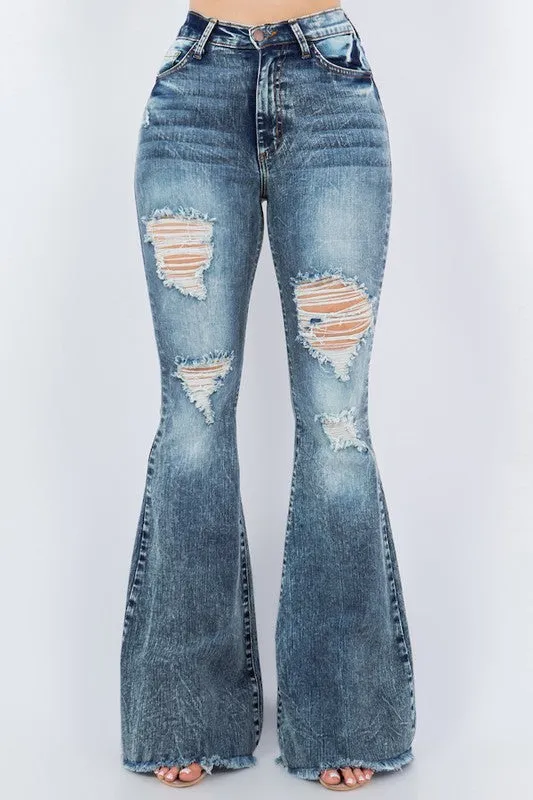 Storm Cloud Thigh Distressed Bell Bottom Jean
