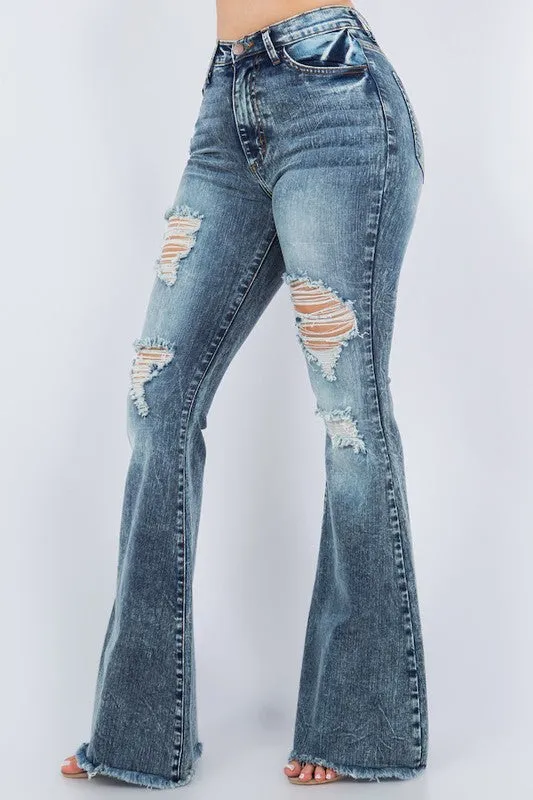 Storm Cloud Thigh Distressed Bell Bottom Jean