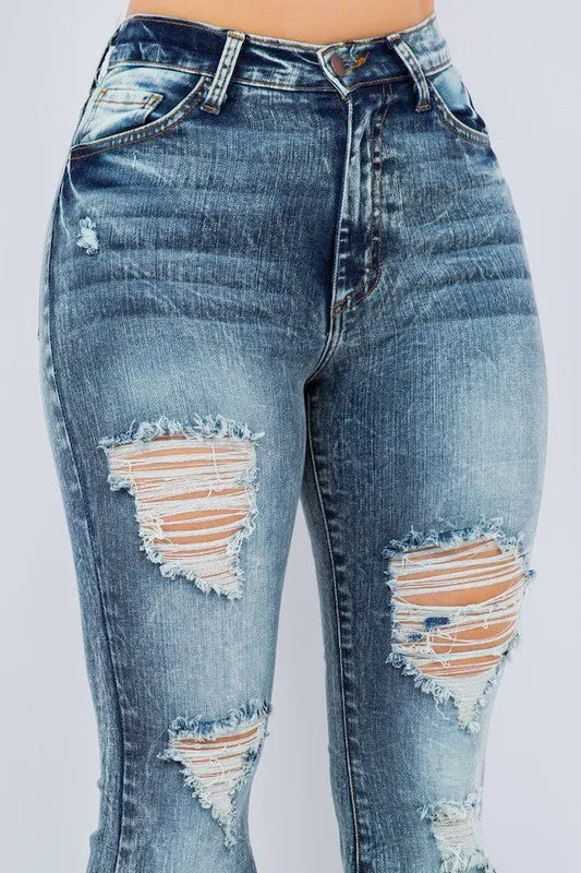 Storm Cloud Thigh Distressed Bell Bottom Jean