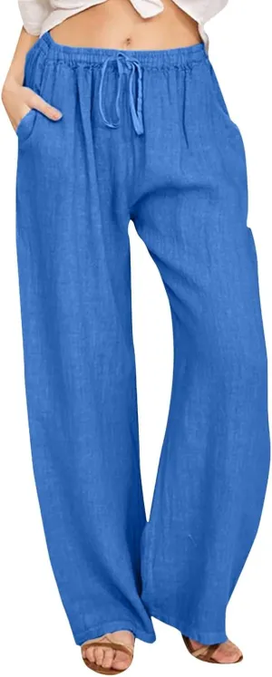 Summer Casual Pants For Women 2024 Trendy High Waist Pants Wide Leg Linen Palazzo Pants Lightweight Flowy Trouser