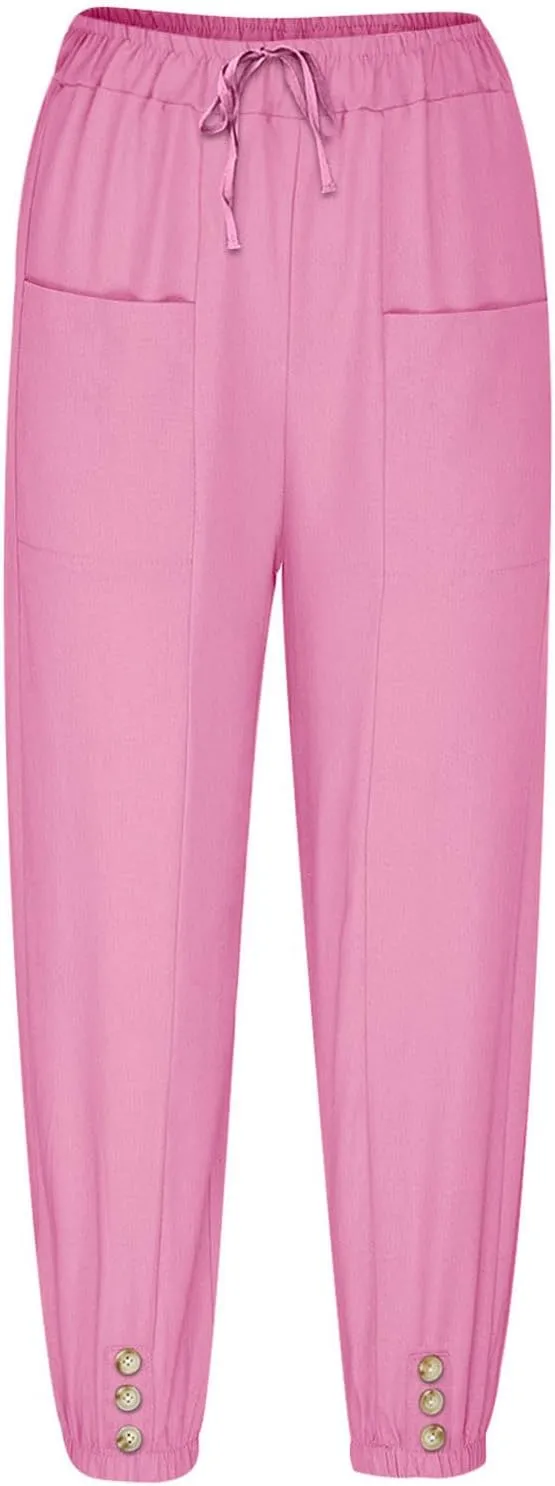 Summer Casual Pants for Women Elastic Waist Cotton Linen Trousers Lightweight Breathable Comfortable Lounge Wear