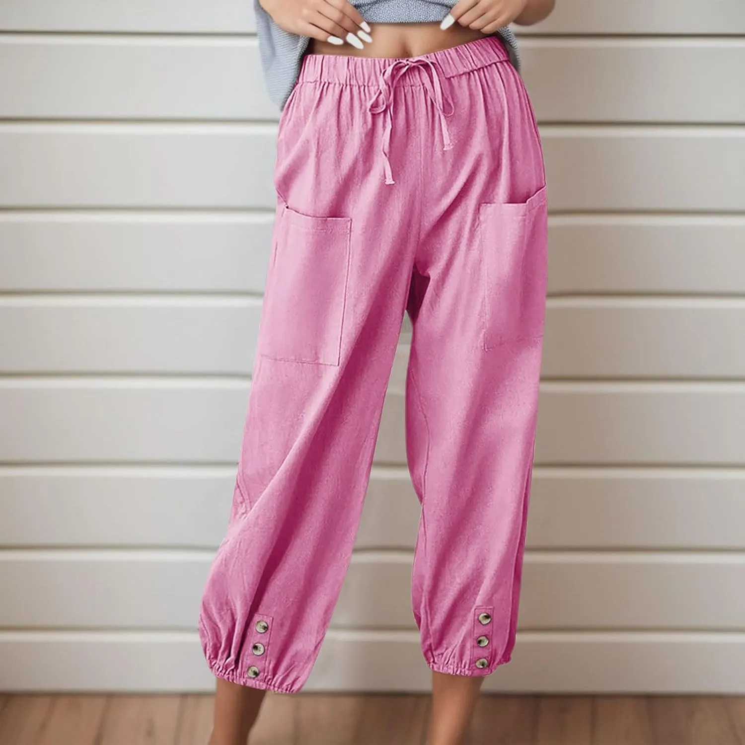 Summer Casual Pants for Women Elastic Waist Cotton Linen Trousers Lightweight Breathable Comfortable Lounge Wear
