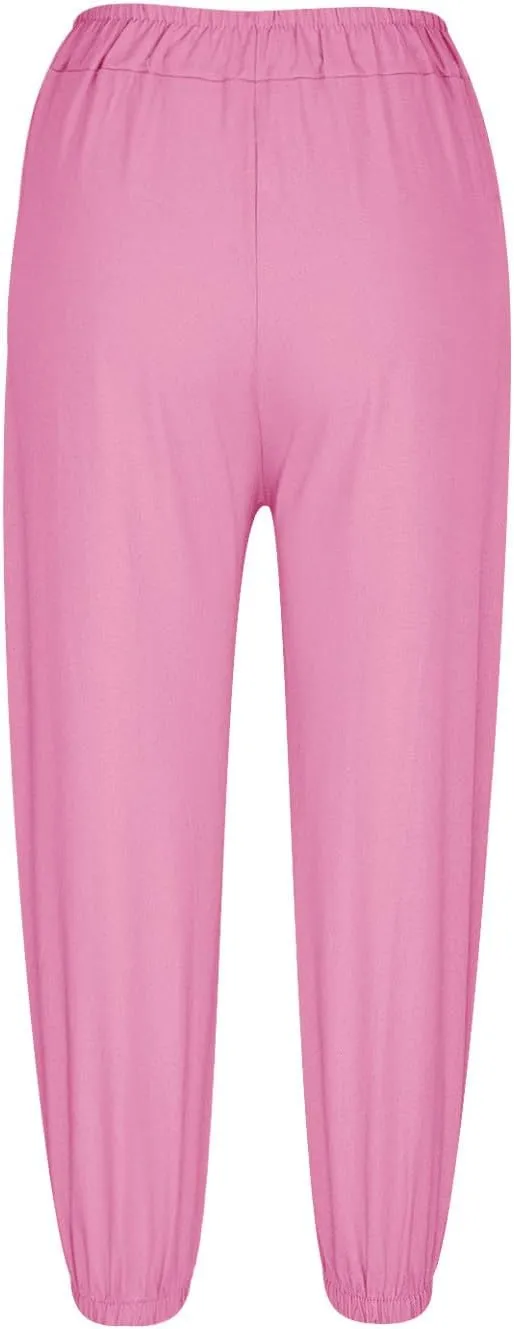 Summer Casual Pants for Women Elastic Waist Cotton Linen Trousers Lightweight Breathable Comfortable Lounge Wear