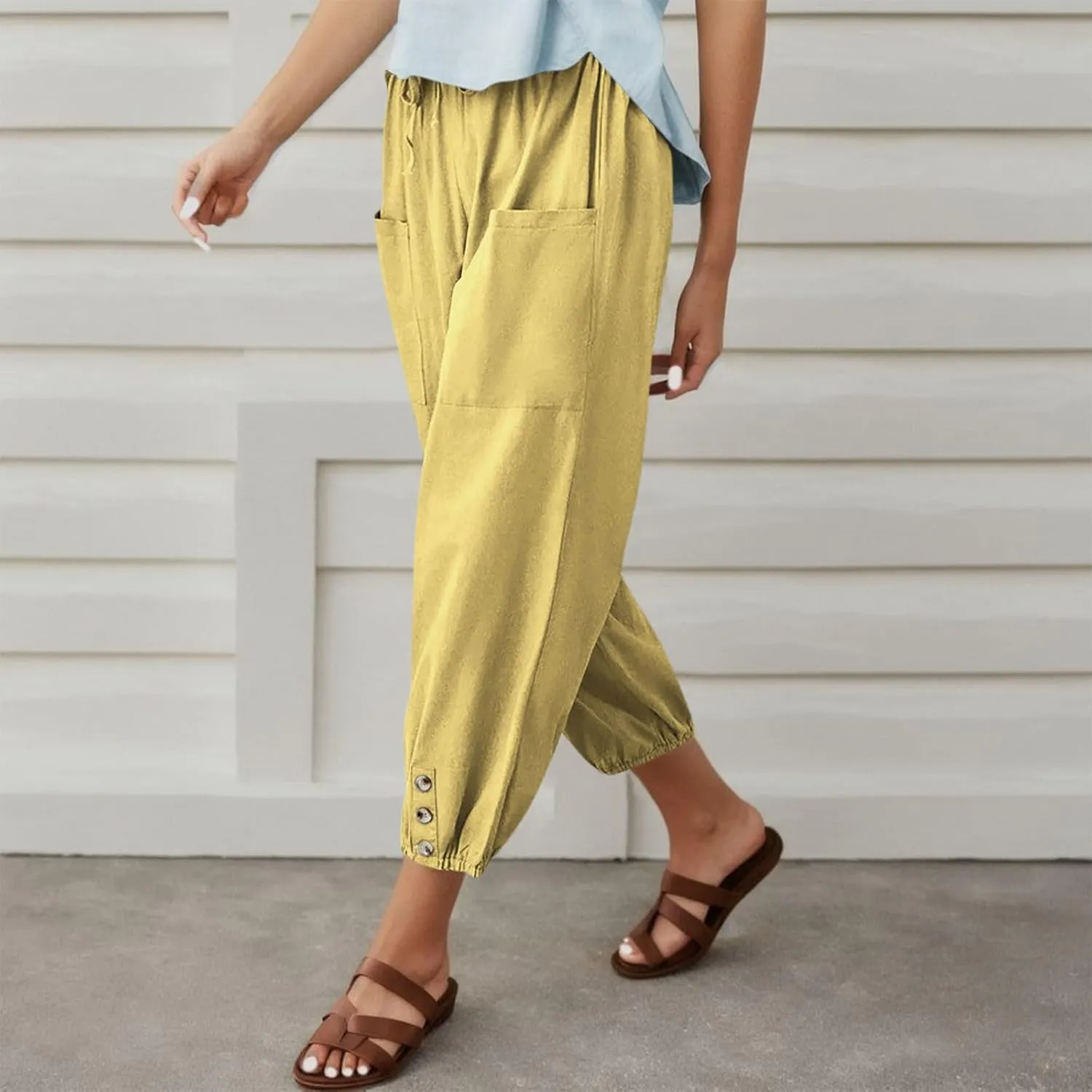Summer Casual Pants for Women Elastic Waist Cotton Linen Trousers Lightweight Breathable Comfortable Lounge Wear