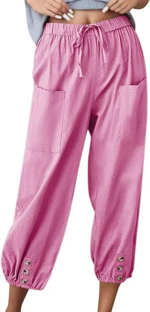 Summer Casual Pants for Women Elastic Waist Cotton Linen Trousers Lightweight Breathable Comfortable Lounge Wear