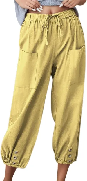Summer Casual Pants for Women Elastic Waist Cotton Linen Trousers Lightweight Breathable Comfortable Lounge Wear