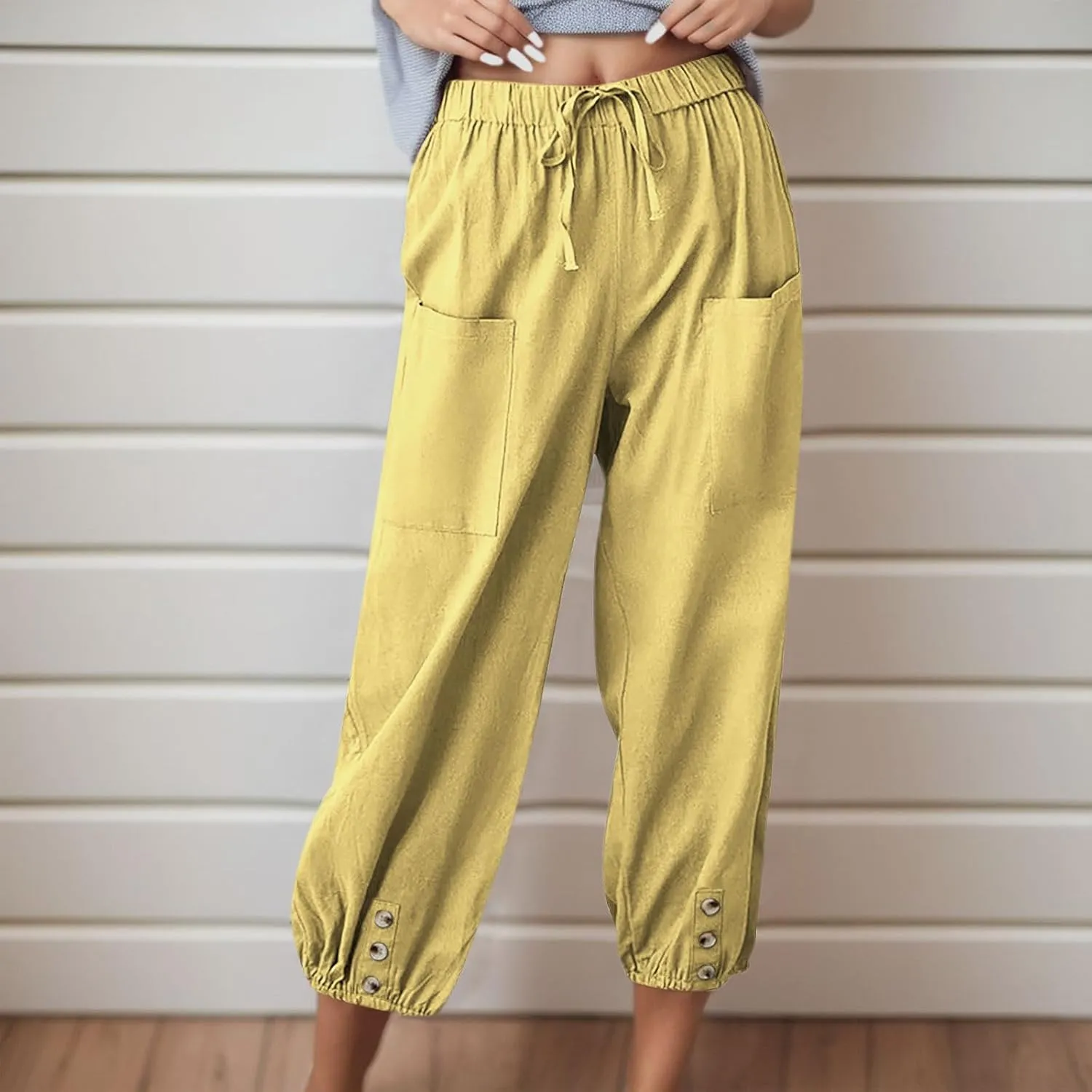Summer Casual Pants for Women Elastic Waist Cotton Linen Trousers Lightweight Breathable Comfortable Lounge Wear