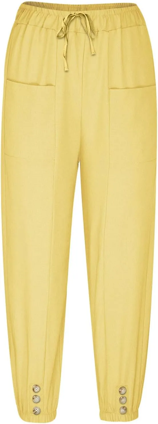 Summer Casual Pants for Women Elastic Waist Cotton Linen Trousers Lightweight Breathable Comfortable Lounge Wear