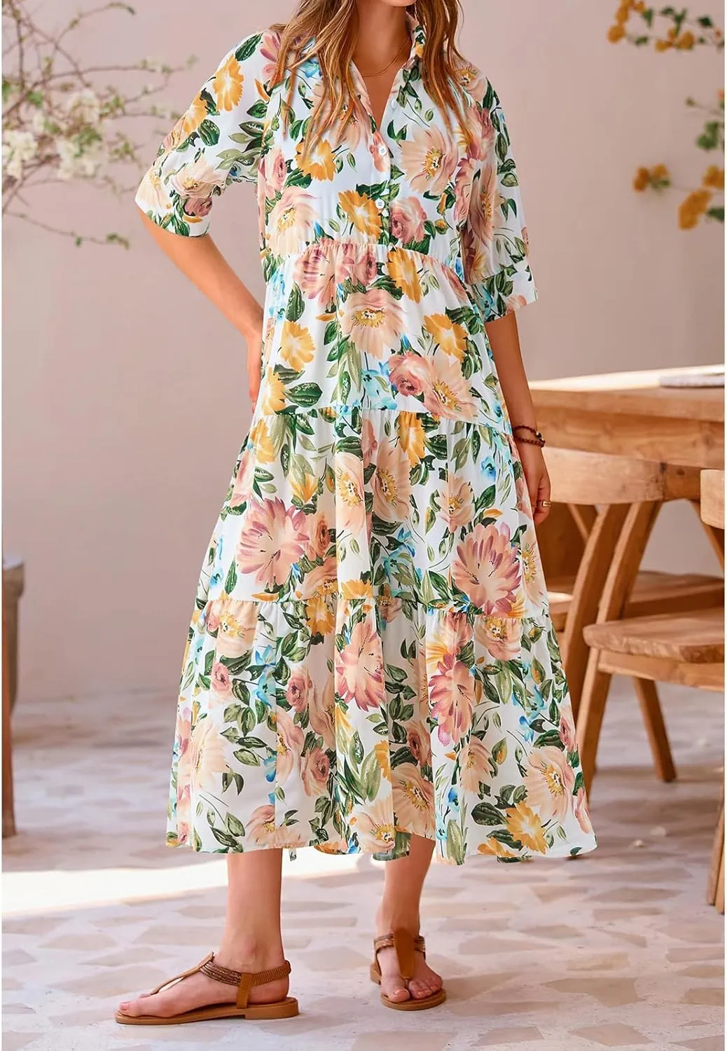 Summer Dresses for Women 2025 Button Down Coolared Shirts Maxi Dress Boho Floral Sundress with Pocket Maxi