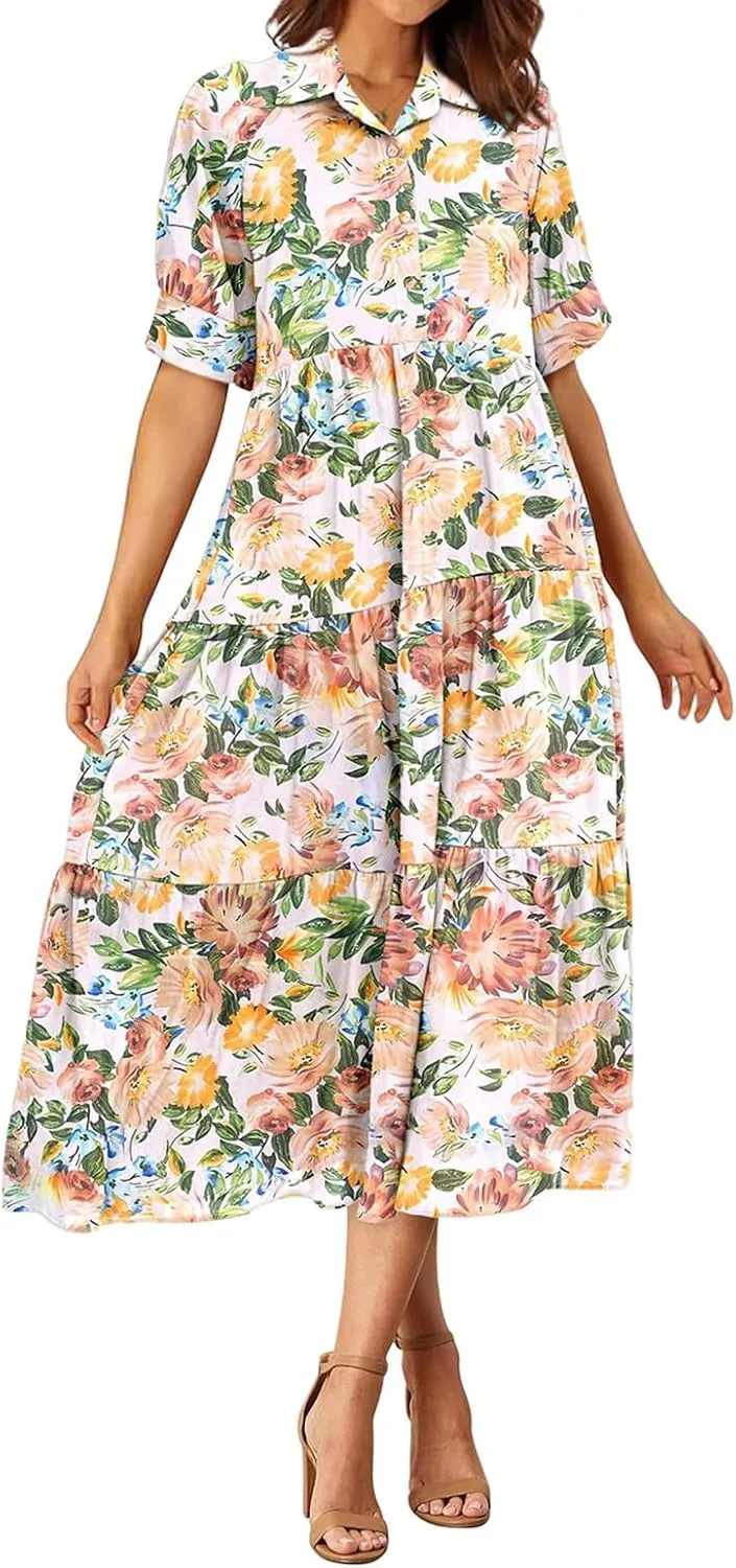 Summer Dresses for Women 2025 Button Down Coolared Shirts Maxi Dress Boho Floral Sundress with Pocket Maxi