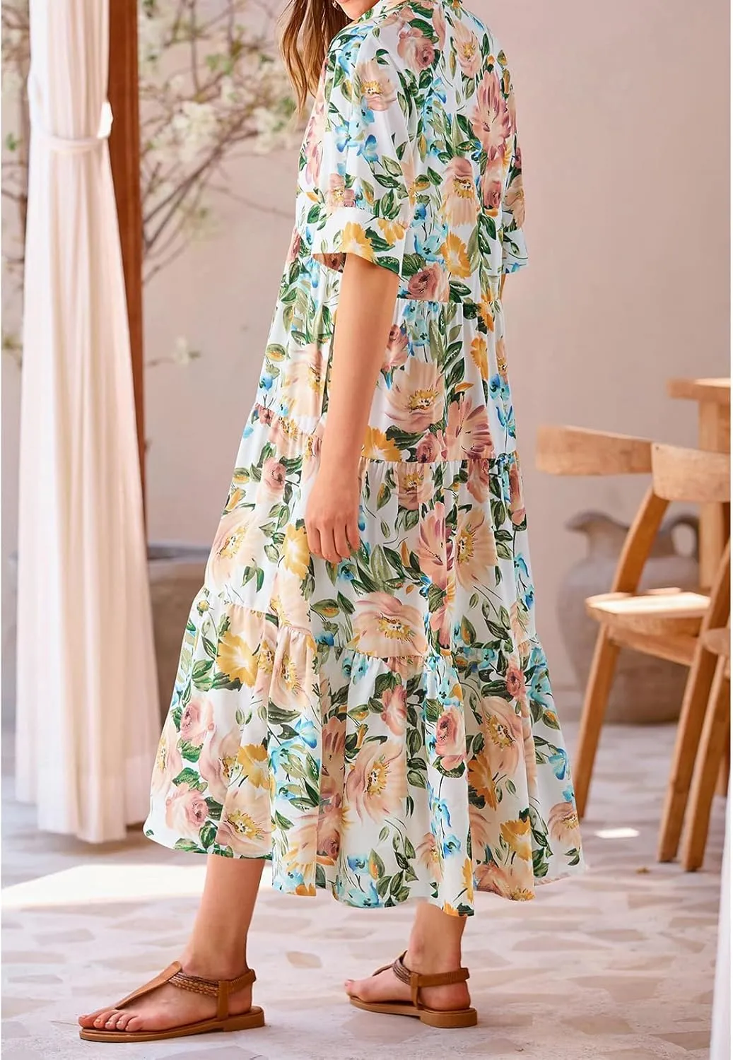 Summer Dresses for Women 2025 Button Down Coolared Shirts Maxi Dress Boho Floral Sundress with Pocket Maxi