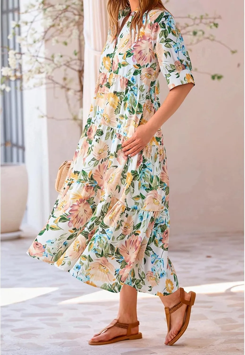 Summer Dresses for Women 2025 Button Down Coolared Shirts Maxi Dress Boho Floral Sundress with Pocket Maxi