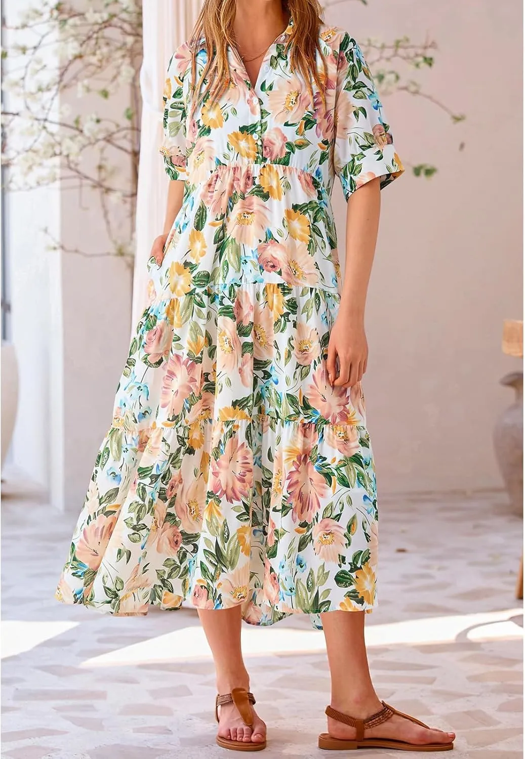 Summer Dresses for Women 2025 Button Down Coolared Shirts Maxi Dress Boho Floral Sundress with Pocket Maxi