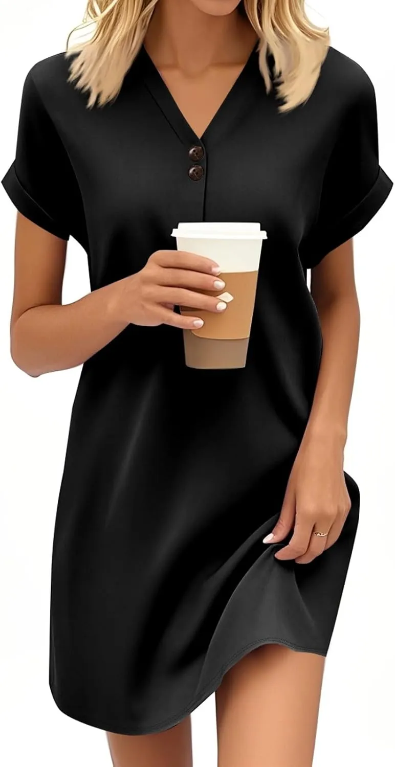 Summer Dresses for Women 2025 Short Sleeve V-Neck Buttons Boho Flattering Comfortable Vacation Plus Size Sundresses