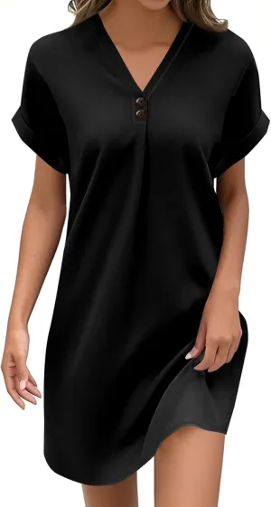 Summer Dresses for Women 2025 Short Sleeve V-Neck Buttons Boho Flattering Comfortable Vacation Plus Size Sundresses