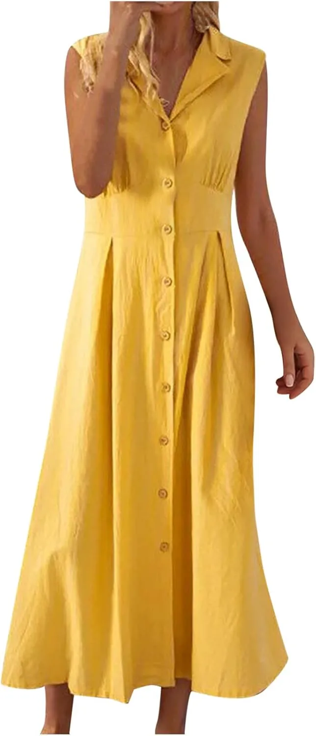 Summer Dresses for Women V Neck Business Button Down Cotton Linen Maxi Dress Sleeveless Long Sundress