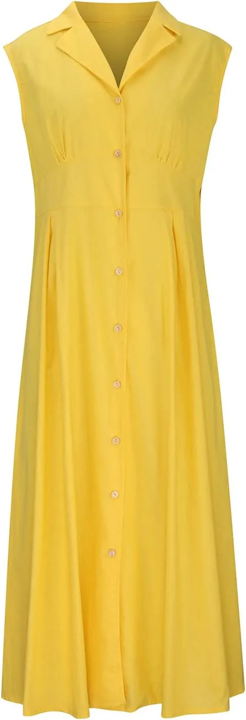 Summer Dresses for Women V Neck Business Button Down Cotton Linen Maxi Dress Sleeveless Long Sundress