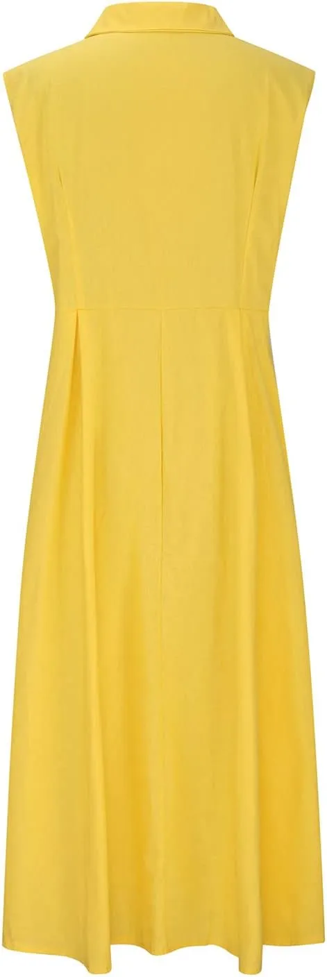 Summer Dresses for Women V Neck Business Button Down Cotton Linen Maxi Dress Sleeveless Long Sundress