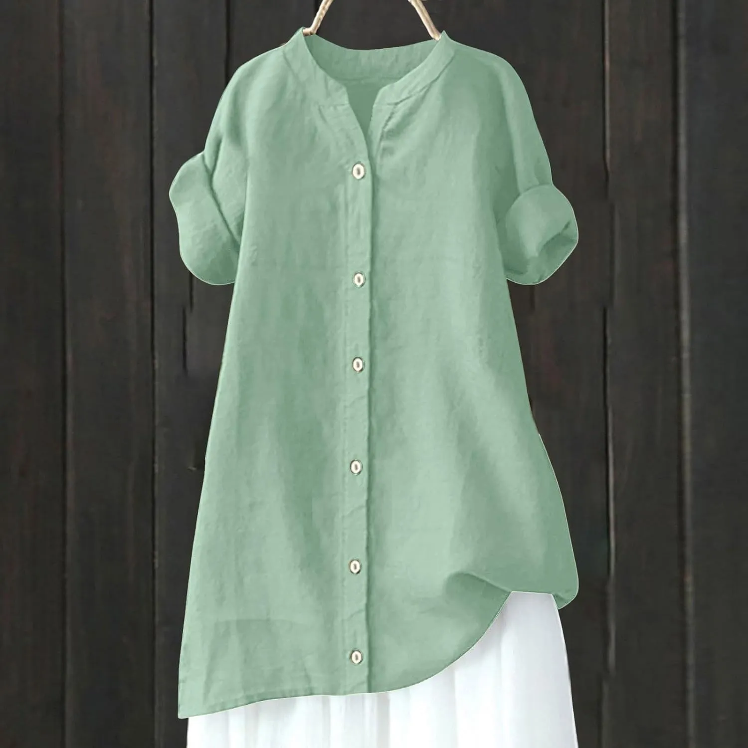 Summer Linen Work Tops for Women Trendy Button Down Plus Size V Neck Boho Clothes Spring Tops for Women 2025