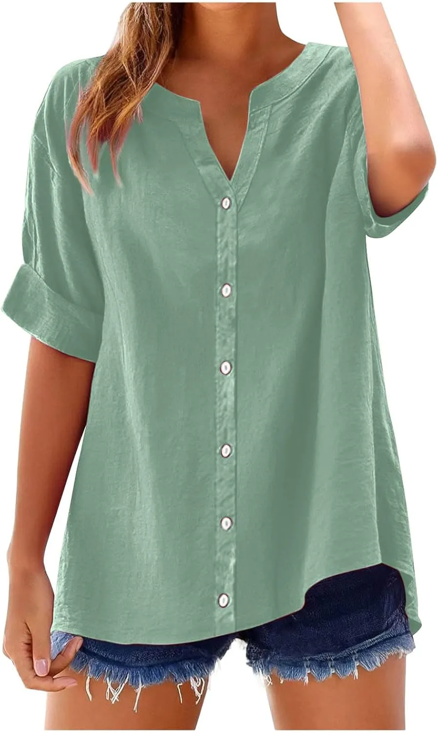 Summer Linen Work Tops for Women Trendy Button Down Plus Size V Neck Boho Clothes Spring Tops for Women 2025