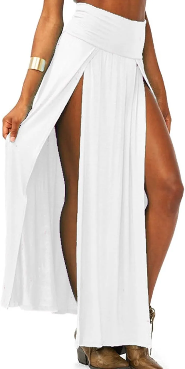 Summer Split Skirt For Women Elastic Waist Double High Split Wrap Flowy Long Skirt Solid Color Elegant Boho Dresses
