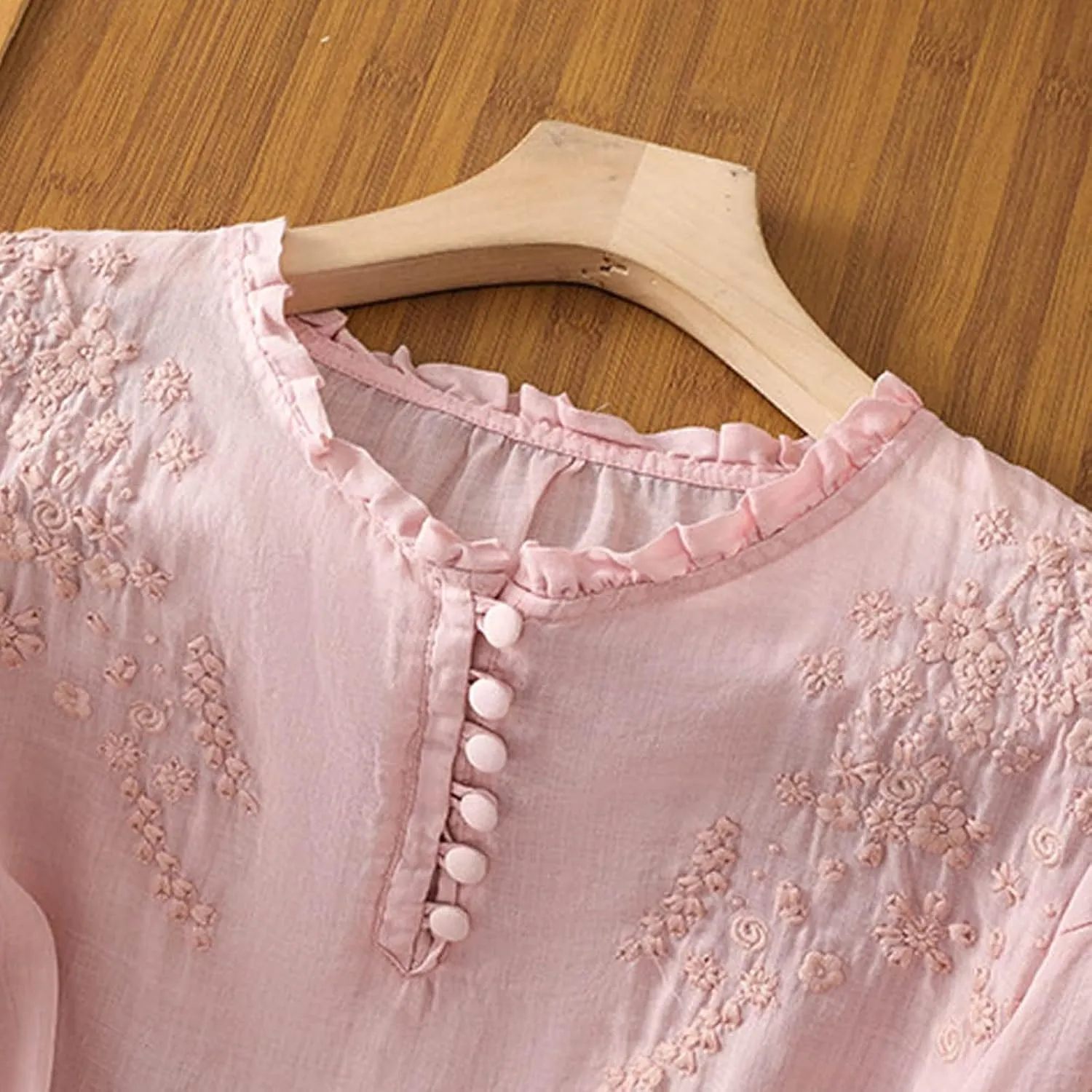 Summer Tops for Women 2025 Cotton Linen Embroidered Retro Henley Neck 3/4 Lantern Sleeve Tops Button Down Tunic Blouse