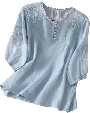 Summer Tops for Women 2025 Cotton Linen Embroidered Retro Henley Neck 3/4 Lantern Sleeve Tops Button Down Tunic Blouse