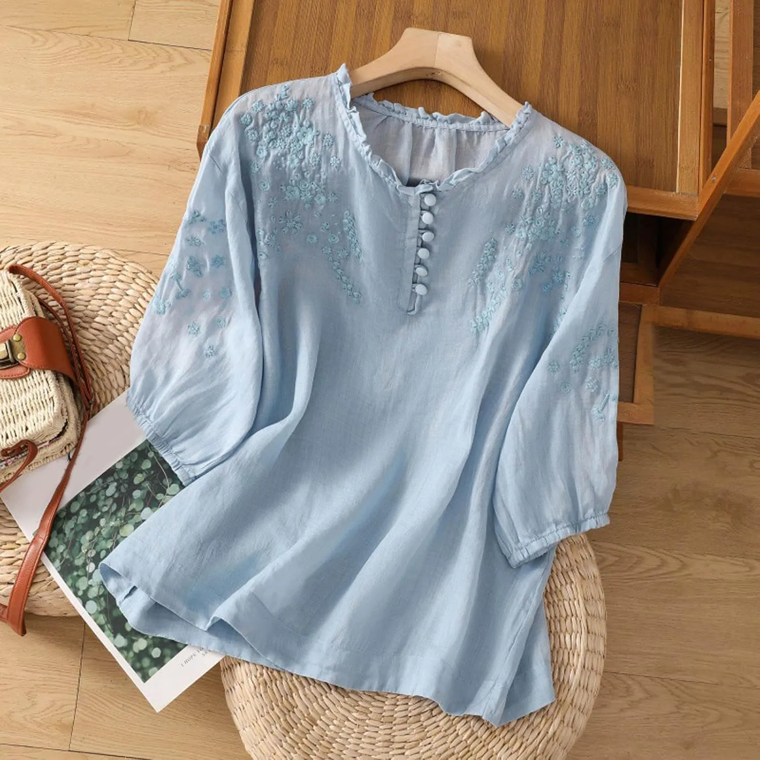 Summer Tops for Women 2025 Cotton Linen Embroidered Retro Henley Neck 3/4 Lantern Sleeve Tops Button Down Tunic Blouse