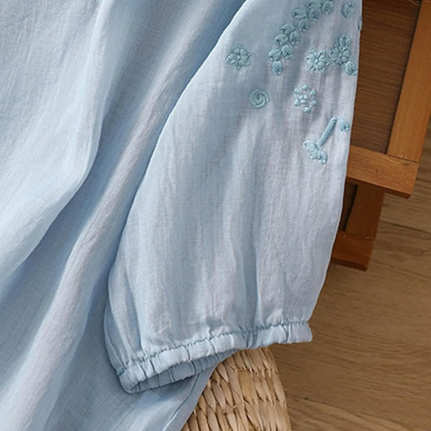 Summer Tops for Women 2025 Cotton Linen Embroidered Retro Henley Neck 3/4 Lantern Sleeve Tops Button Down Tunic Blouse