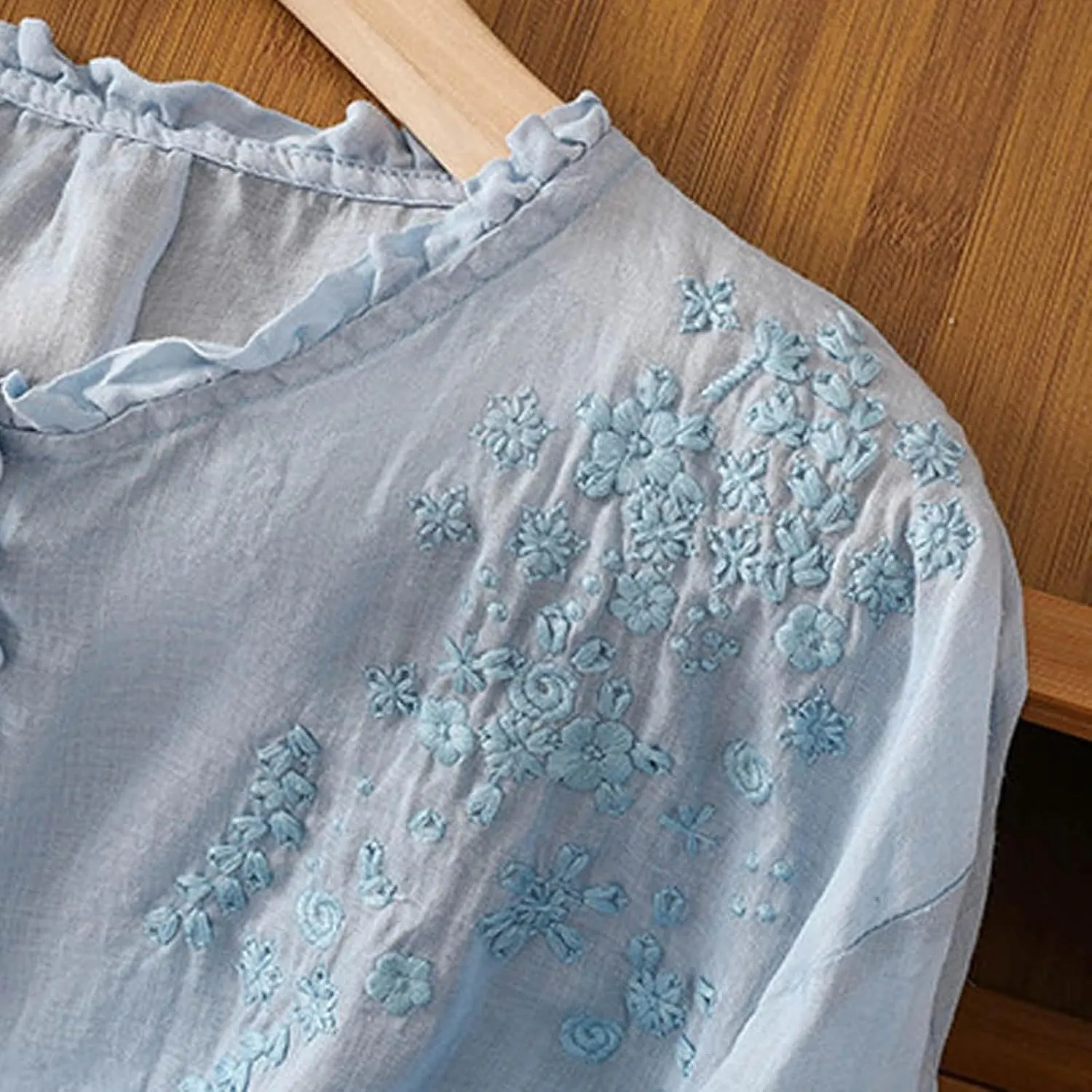 Summer Tops for Women 2025 Cotton Linen Embroidered Retro Henley Neck 3/4 Lantern Sleeve Tops Button Down Tunic Blouse