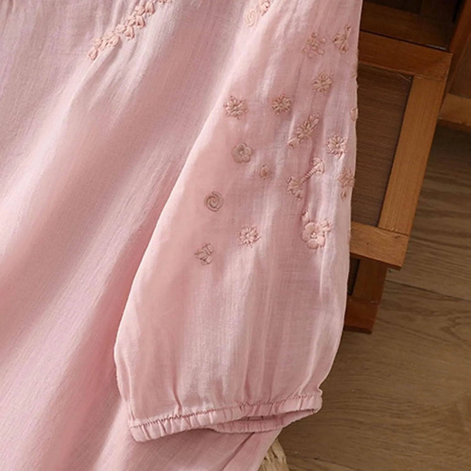 Summer Tops for Women 2025 Cotton Linen Embroidered Retro Henley Neck 3/4 Lantern Sleeve Tops Button Down Tunic Blouse