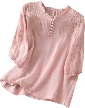 Summer Tops for Women 2025 Cotton Linen Embroidered Retro Henley Neck 3/4 Lantern Sleeve Tops Button Down Tunic Blouse