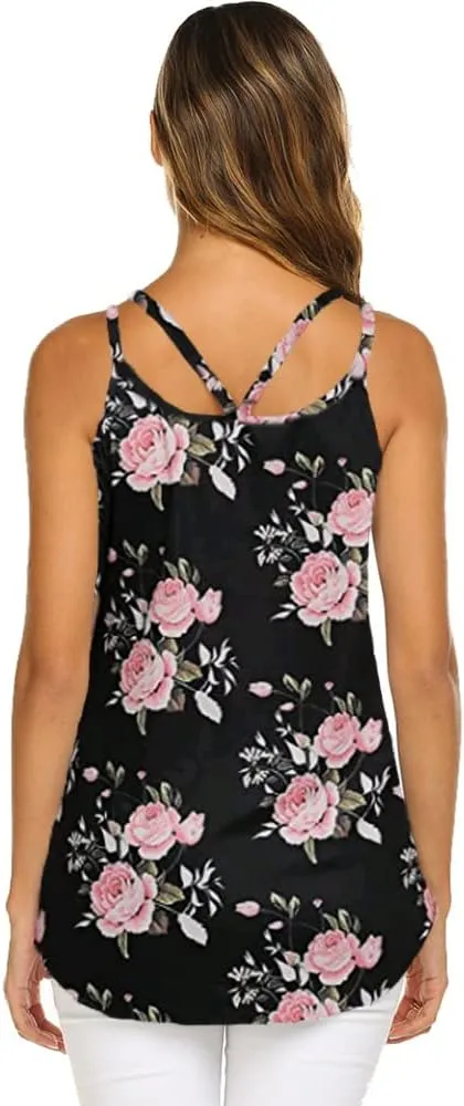 Supnier Women's Casual Summer Spaghetti Strap Tank Tops Floral Print Sleeveless V Neck Strappy Shirts