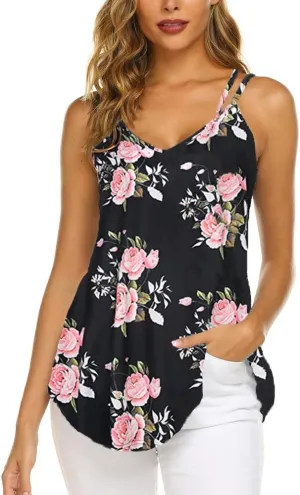 Supnier Women's Casual Summer Spaghetti Strap Tank Tops Floral Print Sleeveless V Neck Strappy Shirts