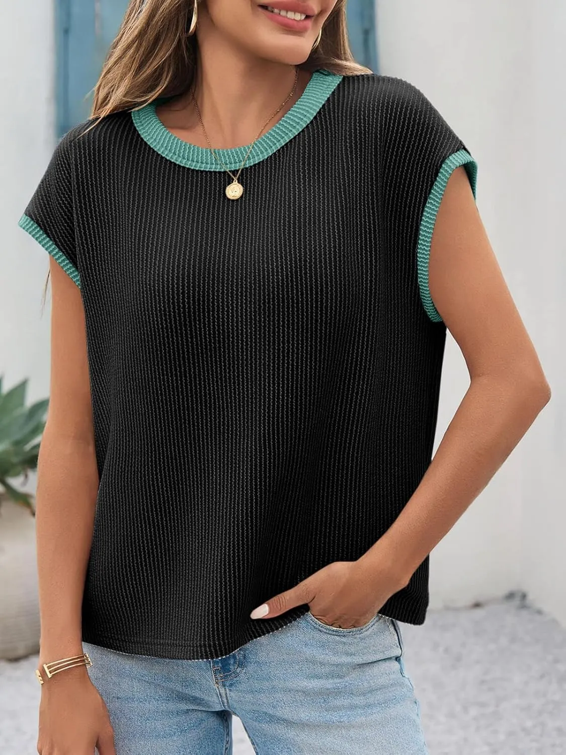 Tankaneo Womens Summer Color Block T-Shirts Cap Sleeve Textured Ribbed Knit Tees Casual Ringer Crew Neck Loose Fit Tops
