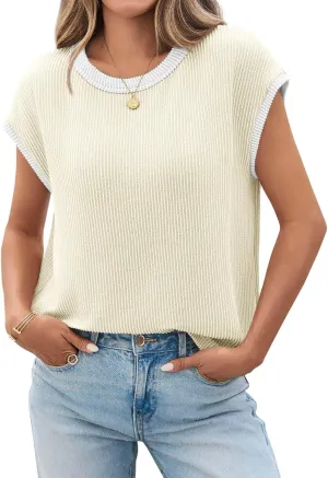 Tankaneo Womens Summer Color Block T-Shirts Cap Sleeve Textured Ribbed Knit Tees Casual Ringer Crew Neck Loose Fit Tops
