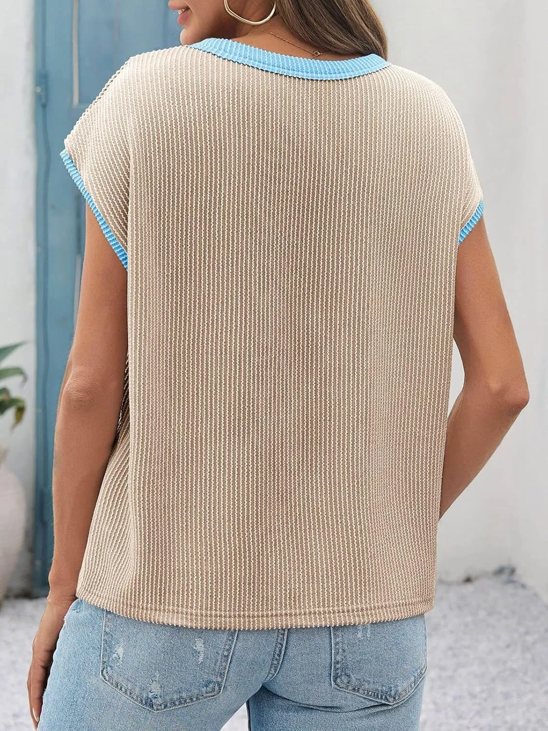 Tankaneo Womens Summer Color Block T-Shirts Cap Sleeve Textured Ribbed Knit Tees Casual Ringer Crew Neck Loose Fit Tops
