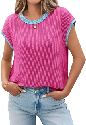 Tankaneo Womens Summer Color Block T-Shirts Cap Sleeve Textured Ribbed Knit Tees Casual Ringer Crew Neck Loose Fit Tops