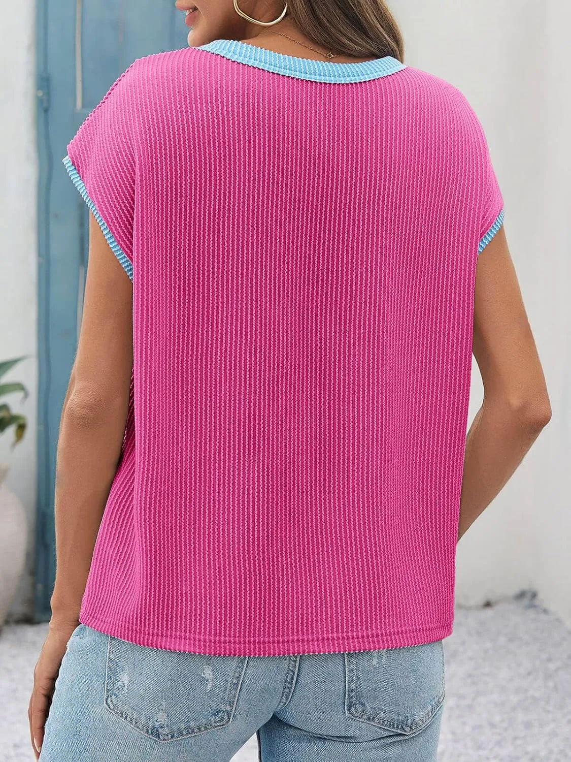 Tankaneo Womens Summer Color Block T-Shirts Cap Sleeve Textured Ribbed Knit Tees Casual Ringer Crew Neck Loose Fit Tops