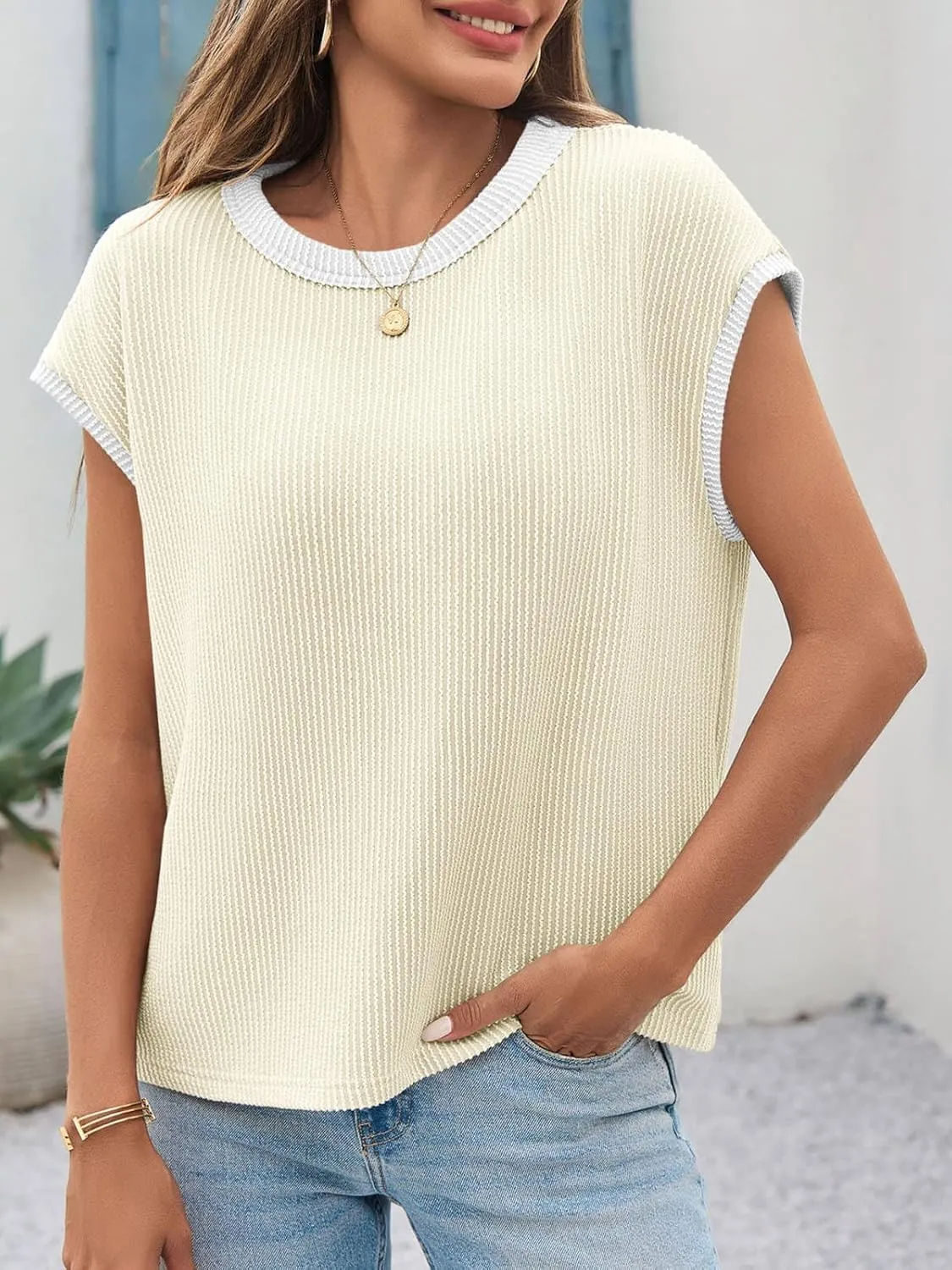 Tankaneo Womens Summer Color Block T-Shirts Cap Sleeve Textured Ribbed Knit Tees Casual Ringer Crew Neck Loose Fit Tops
