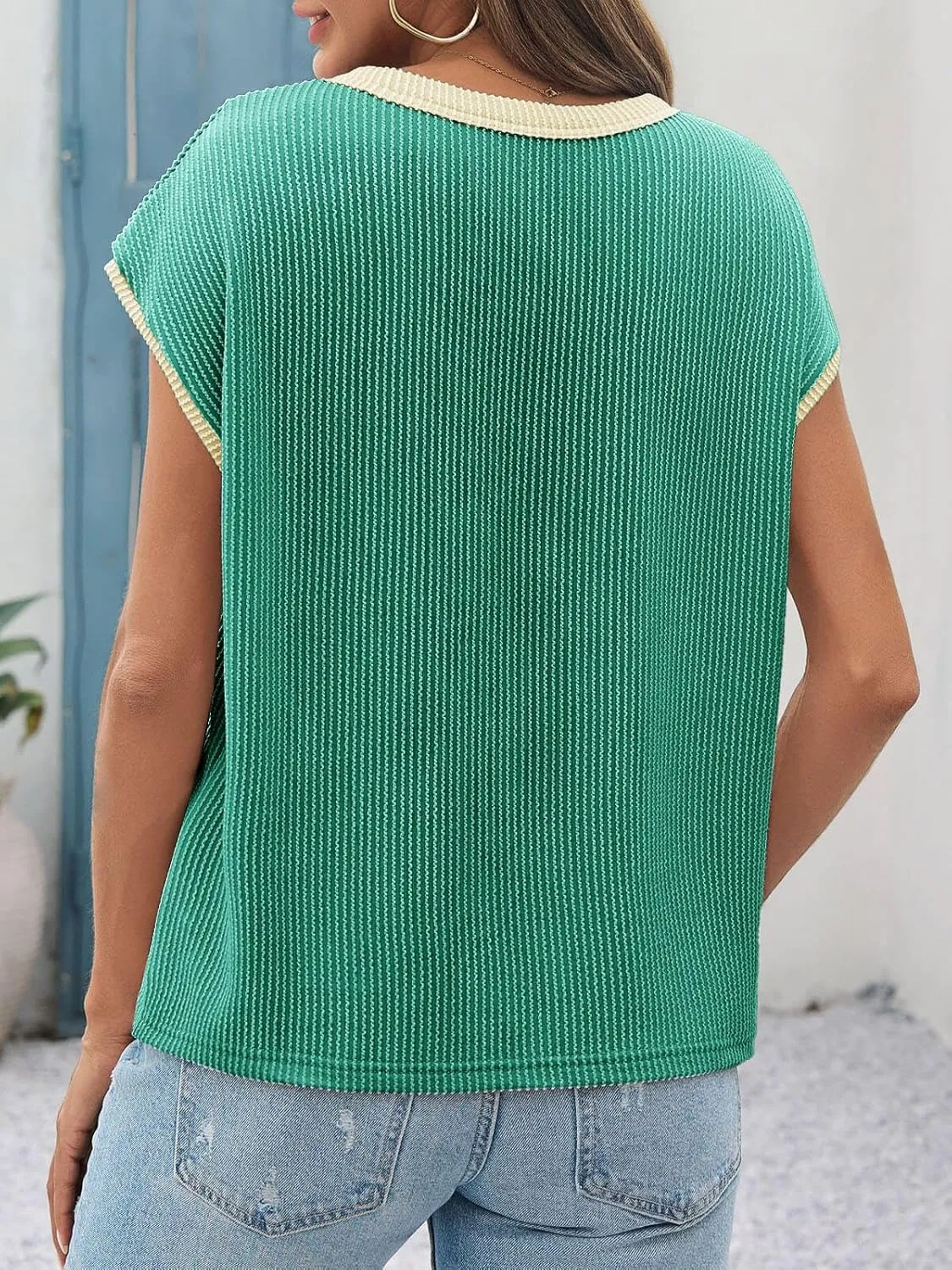 Tankaneo Womens Summer Color Block T-Shirts Cap Sleeve Textured Ribbed Knit Tees Casual Ringer Crew Neck Loose Fit Tops