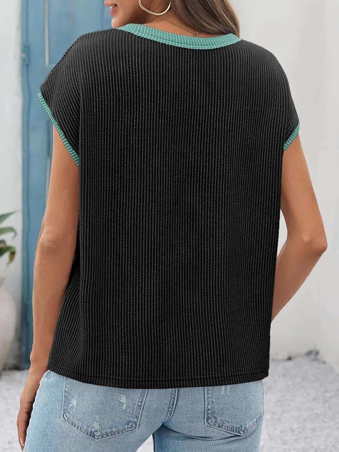 Tankaneo Womens Summer Color Block T-Shirts Cap Sleeve Textured Ribbed Knit Tees Casual Ringer Crew Neck Loose Fit Tops