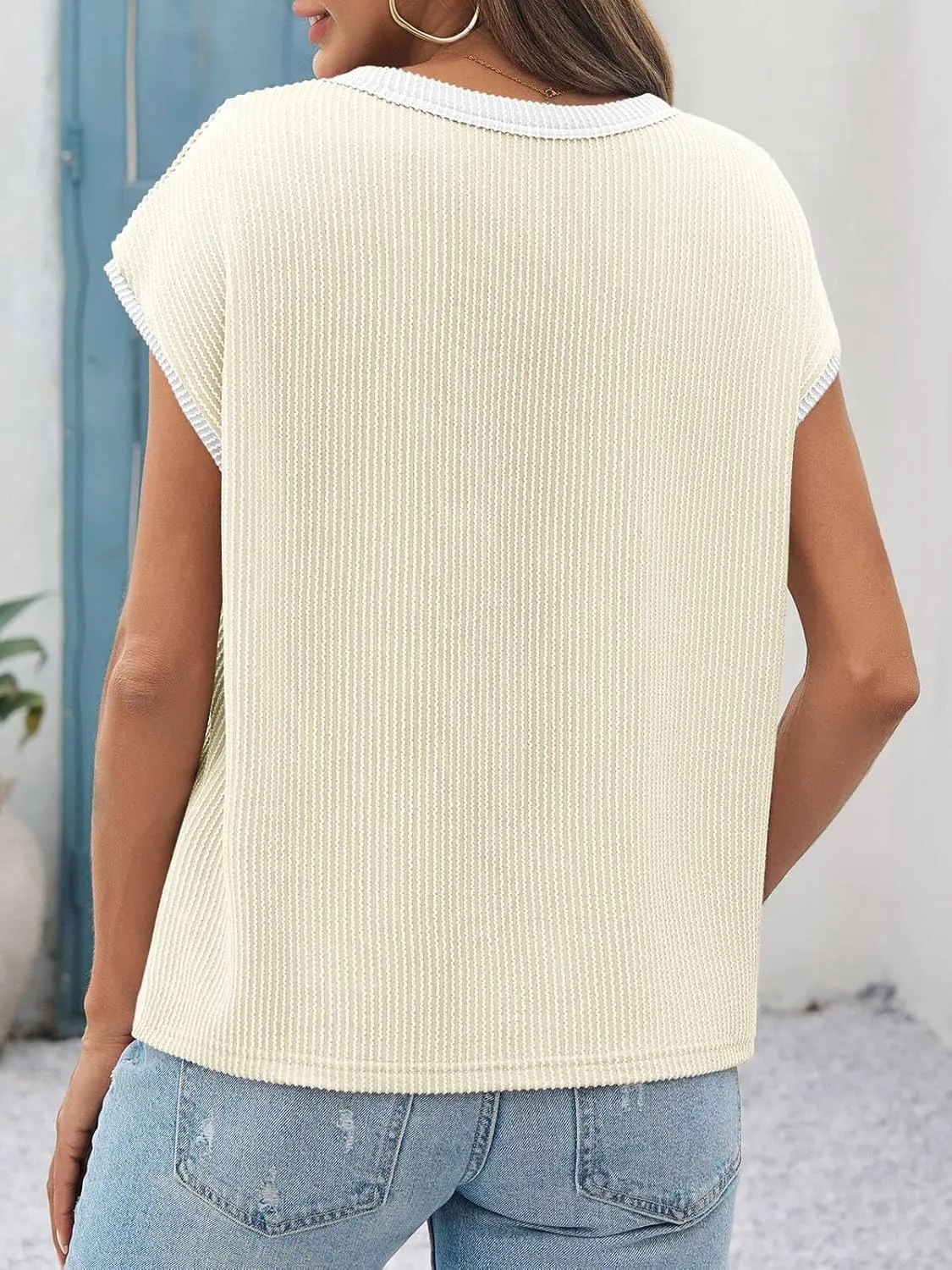 Tankaneo Womens Summer Color Block T-Shirts Cap Sleeve Textured Ribbed Knit Tees Casual Ringer Crew Neck Loose Fit Tops
