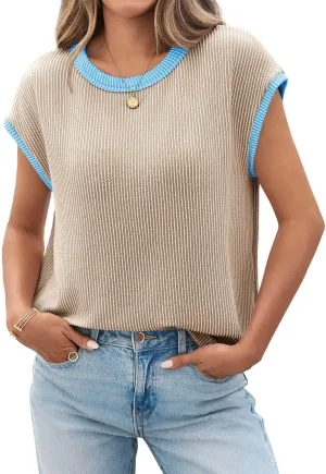 Tankaneo Womens Summer Color Block T-Shirts Cap Sleeve Textured Ribbed Knit Tees Casual Ringer Crew Neck Loose Fit Tops
